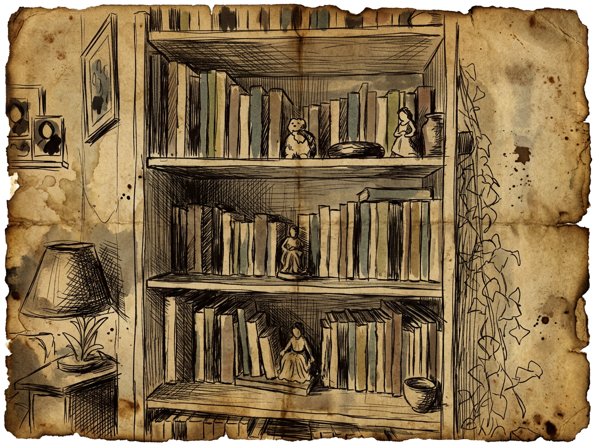 Hand-drawn treasure-map sketch of the bookshelf