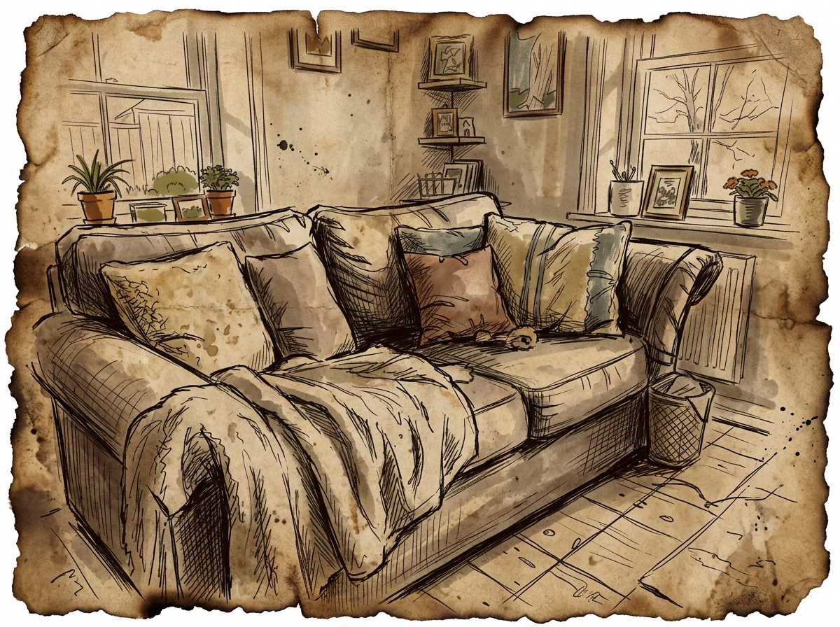 Hand-drawn treasure-map sketch of the living room sofa
