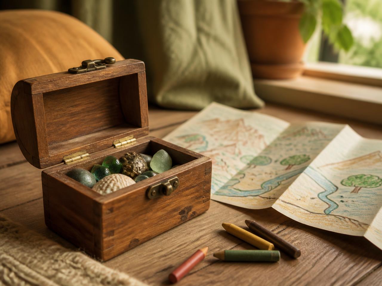 A small wooden treasure box open beside an illustrated map and crayons